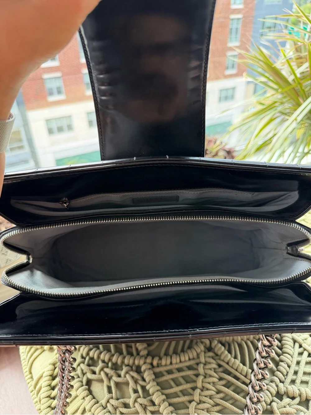 CHANEL Black Patent Satchel with Silver-Tone Chain